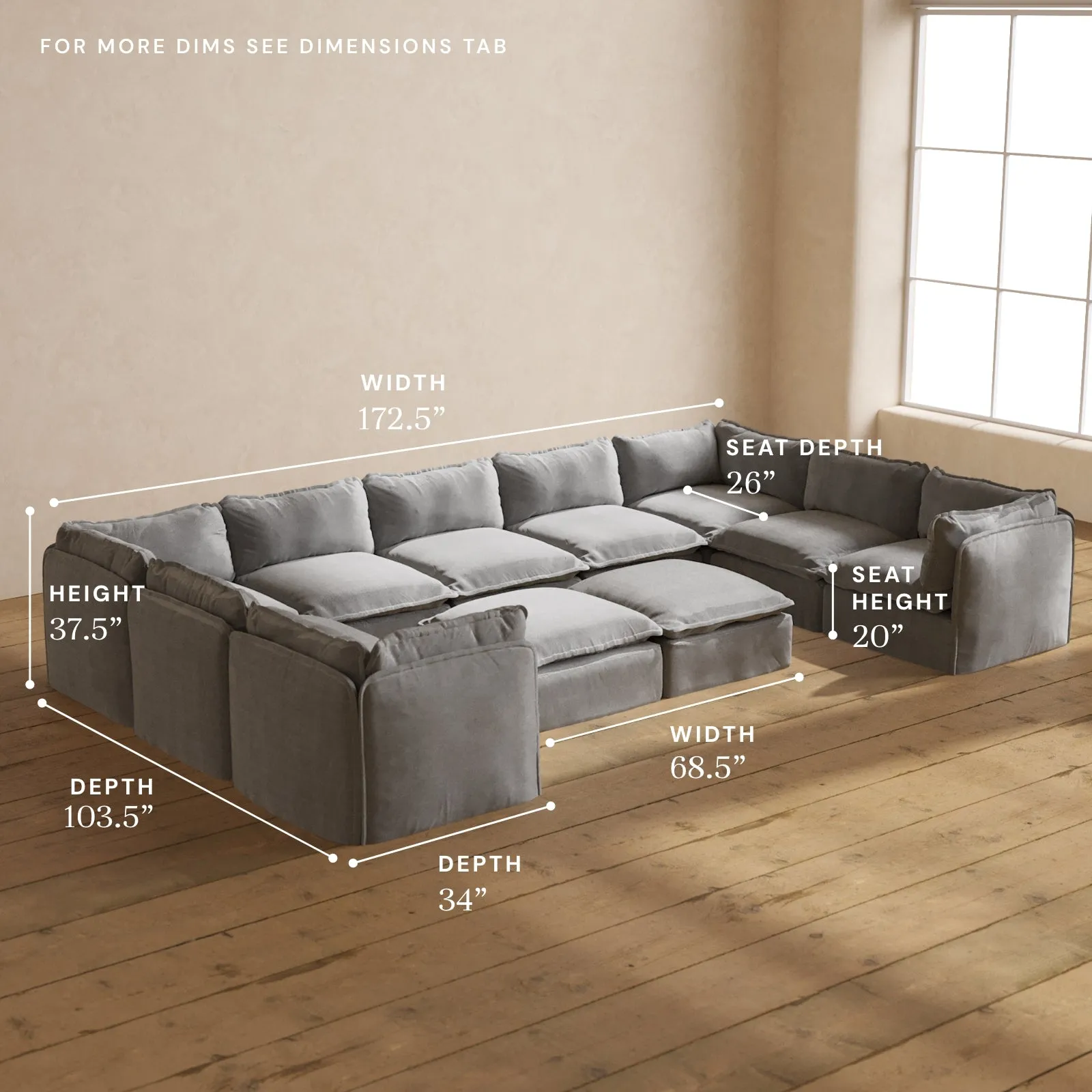 Modular Washable 9-Seater U-Sectional   Bench Ottoman in Ash | Deluxe  Seat | Contour Pillow