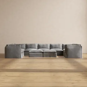 Modular Washable 9-Seater U-Sectional   Bench Ottoman in Ash | Deluxe  Seat | Contour Pillow