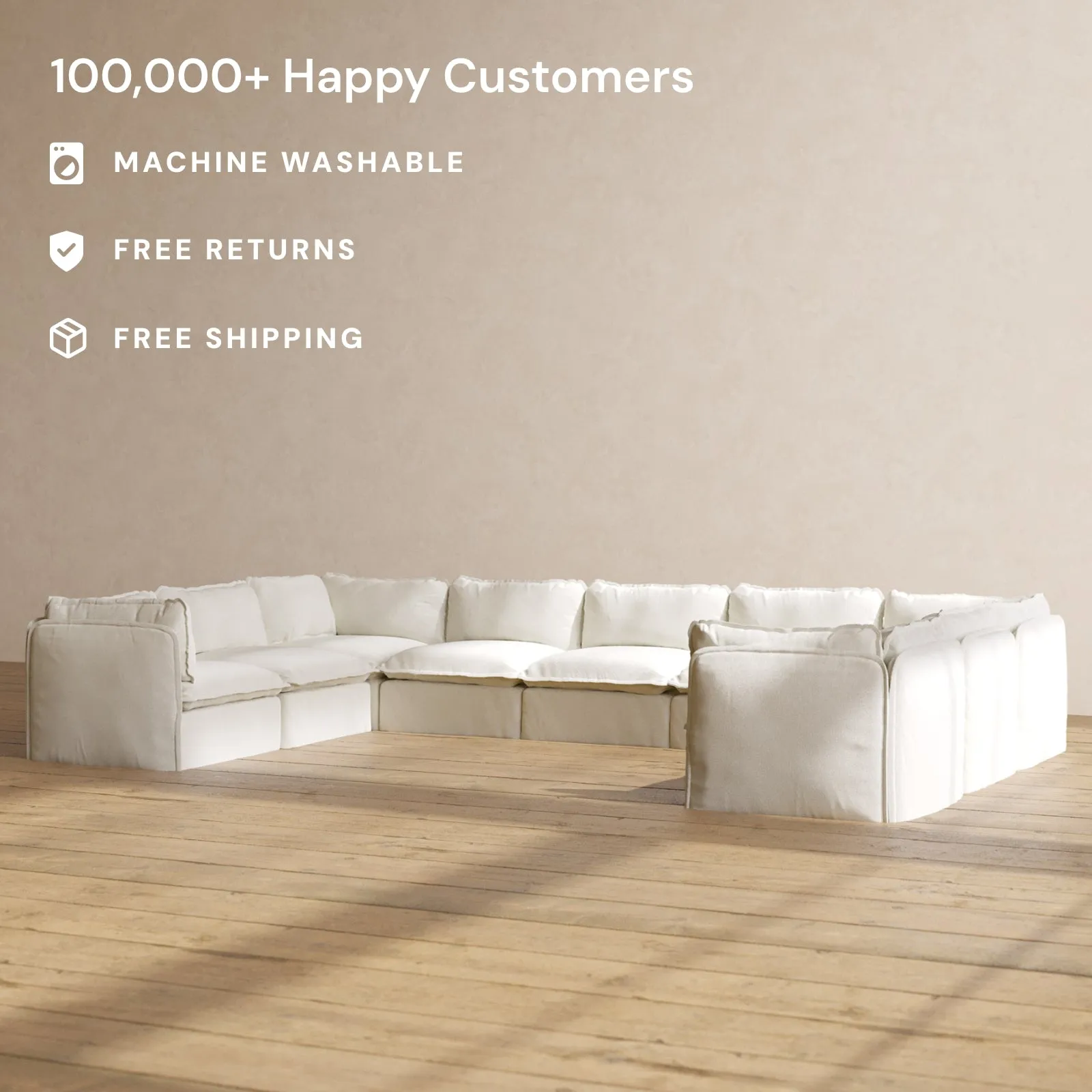 Modular Washable 9-Seater U-Sectional in Eggshell | Deluxe  Seat | Contour Pillow