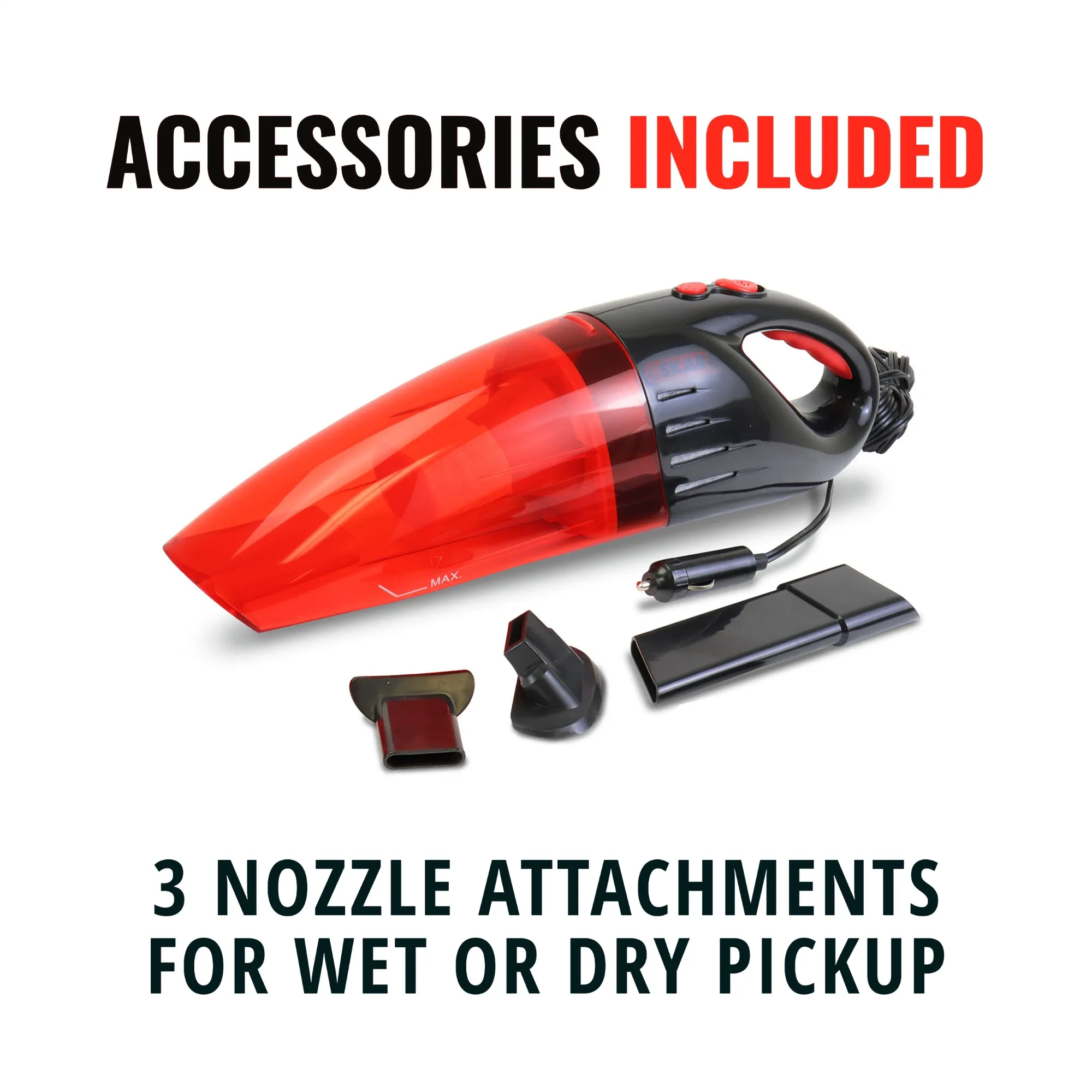 Oskar 12V Handheld Vacuum w/ 3 Nozzles, Red/ Black, Portable Wet/Dry Vehicle Vacuum, 11.5 ft/3.5 m Cord, Interior Detailing for Car, Truck, Van, SUV