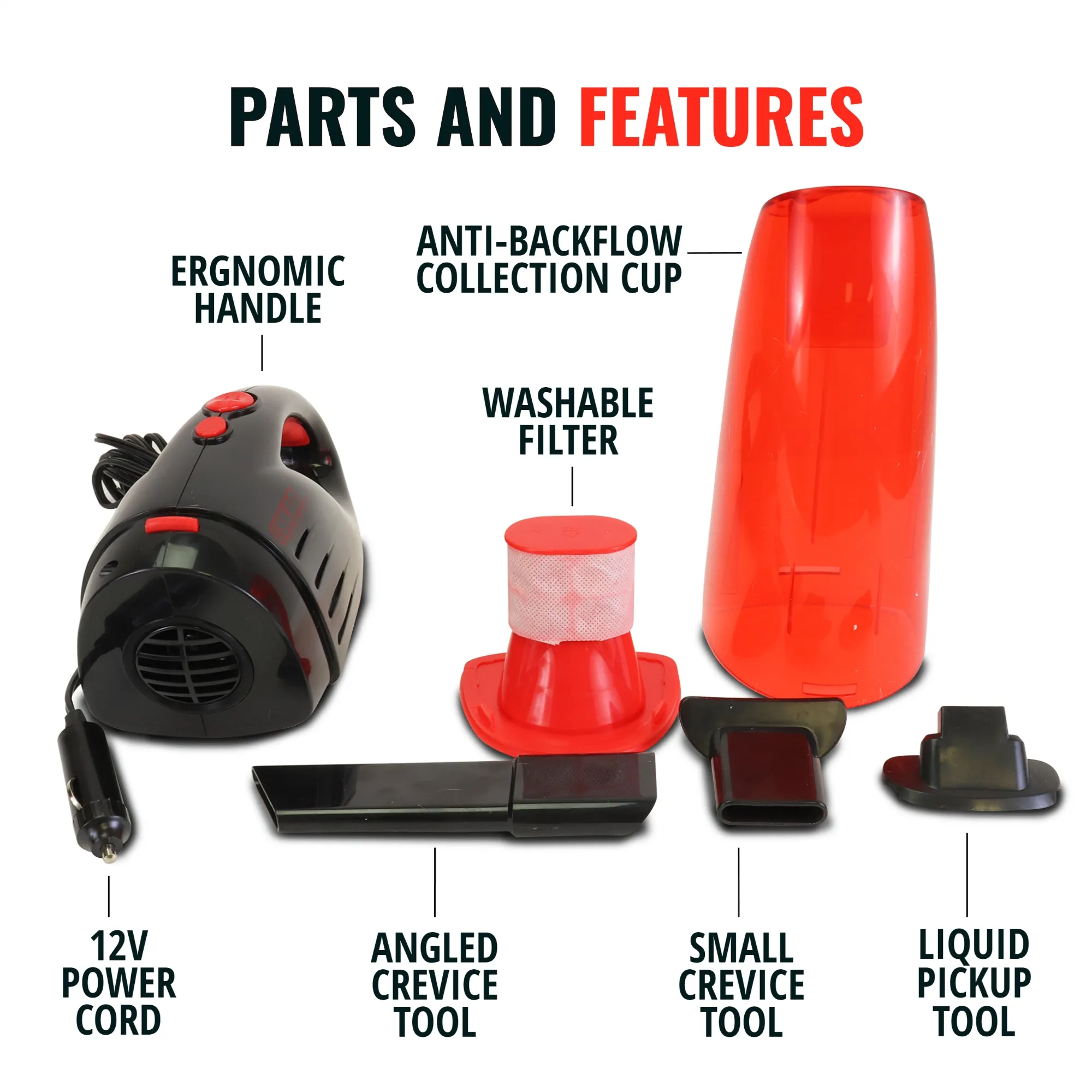 Oskar 12V Handheld Vacuum w/ 3 Nozzles, Red/ Black, Portable Wet/Dry Vehicle Vacuum, 11.5 ft/3.5 m Cord, Interior Detailing for Car, Truck, Van, SUV