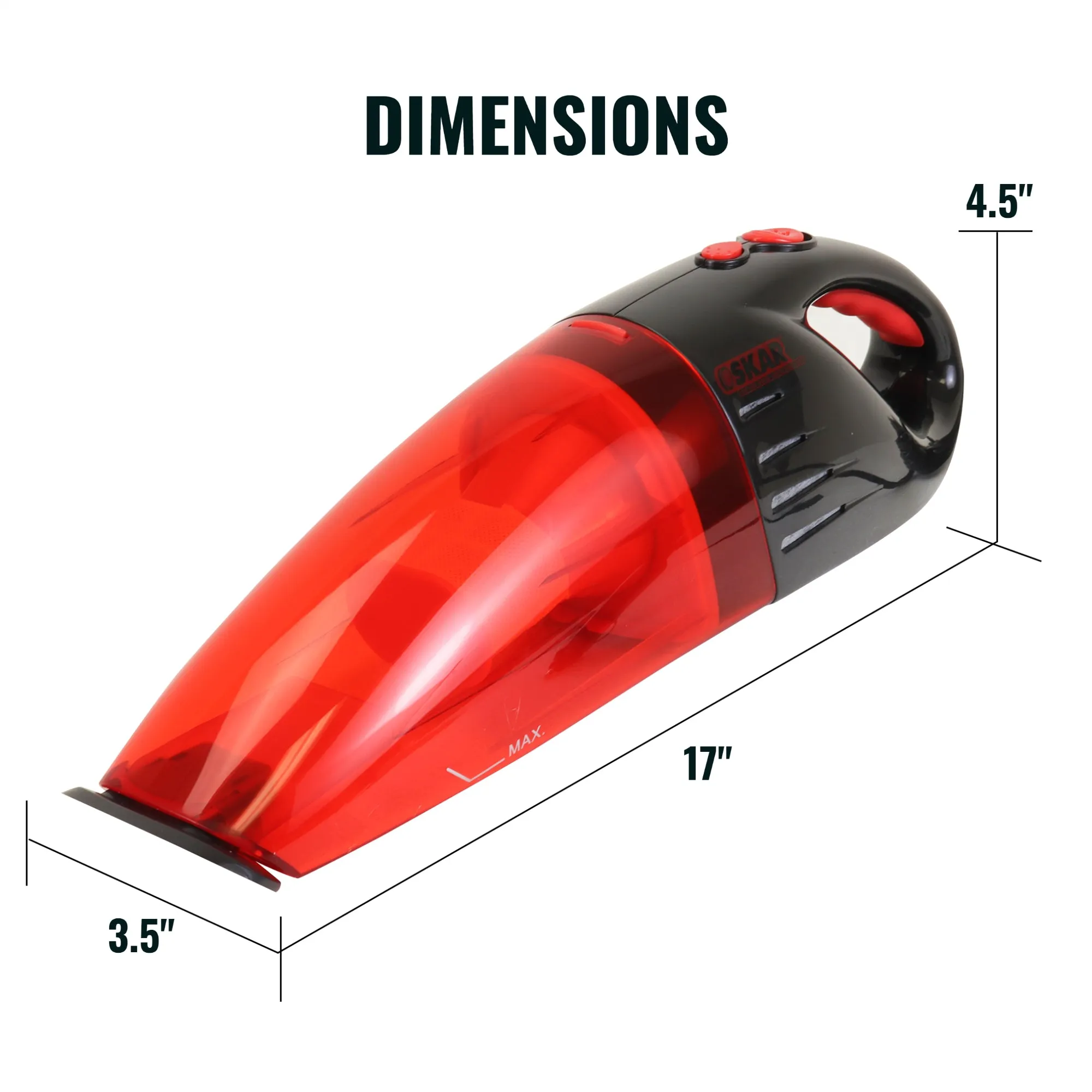 Oskar 12V Handheld Vacuum w/ 3 Nozzles, Red/ Black, Portable Wet/Dry Vehicle Vacuum, 11.5 ft/3.5 m Cord, Interior Detailing for Car, Truck, Van, SUV
