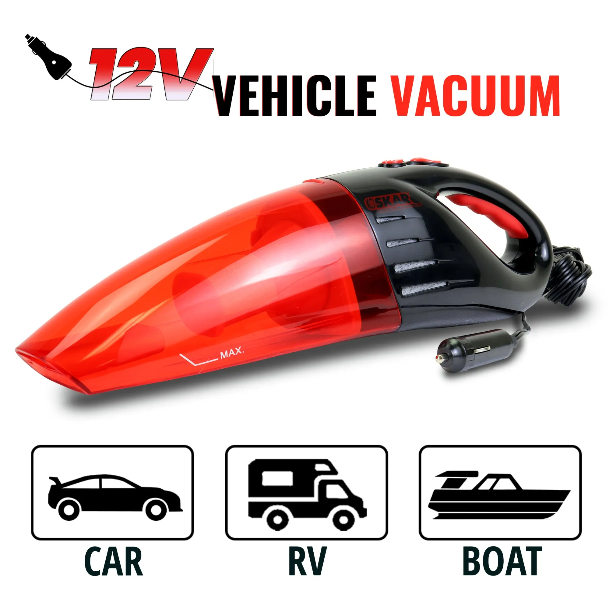Oskar 12V Handheld Vacuum w/ 3 Nozzles, Red/ Black, Portable Wet/Dry Vehicle Vacuum, 11.5 ft/3.5 m Cord, Interior Detailing for Car, Truck, Van, SUV