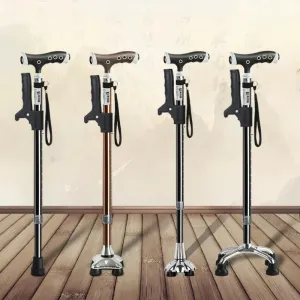 Portable Four-Legged Cane with Lamp, Retractable T-Handle, Durable Non-Slip Elderly Crutches for Stability and Mobility