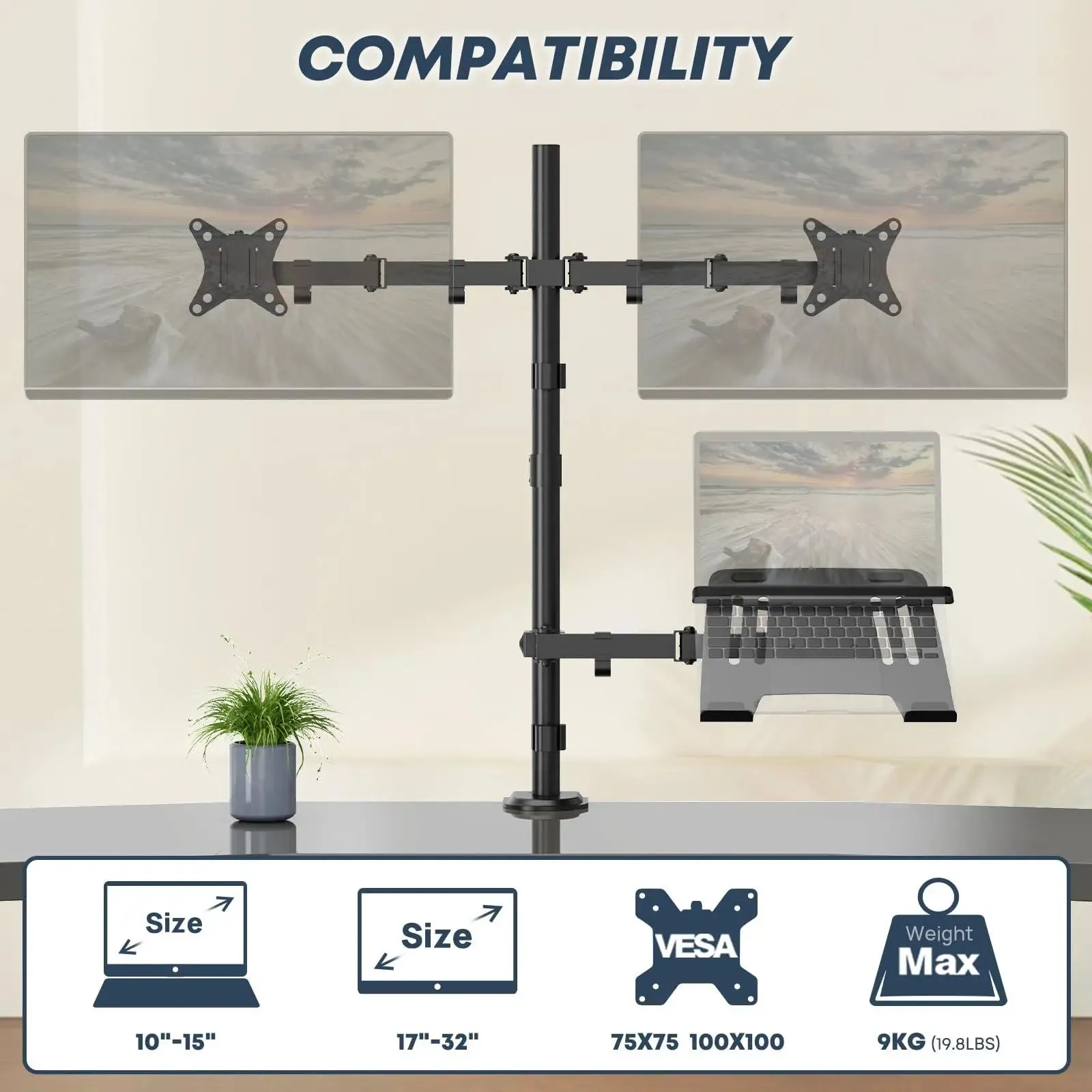 PUTORSEN  Dual Monitor Stand and Laptop Mount Fit Two 17 to 32 Inch Monitor and 10 to 15 Inch Laptop,Extra Tall Adjustable Stand,19.8 lbs Weight Capacity per Arm,Black