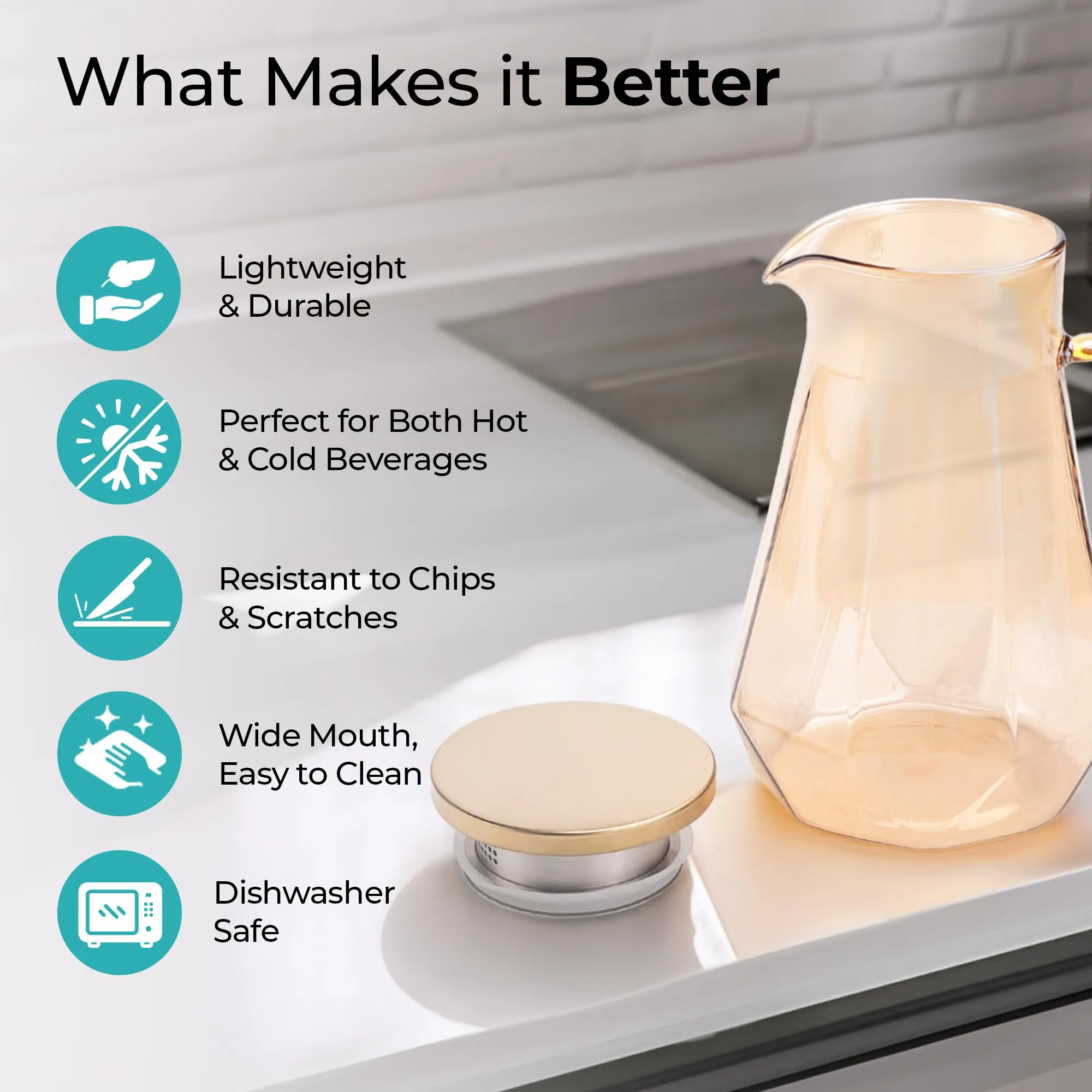 The Better Home Zest (1.5 Ltr) Glass Jug with Stainless Steel Lid and Handle | Leakproof Pitcher for Water, Cold Brew, Tea, Iced Coffee, Lemonade | Heat Resistant | Housewarming Gift | Amber