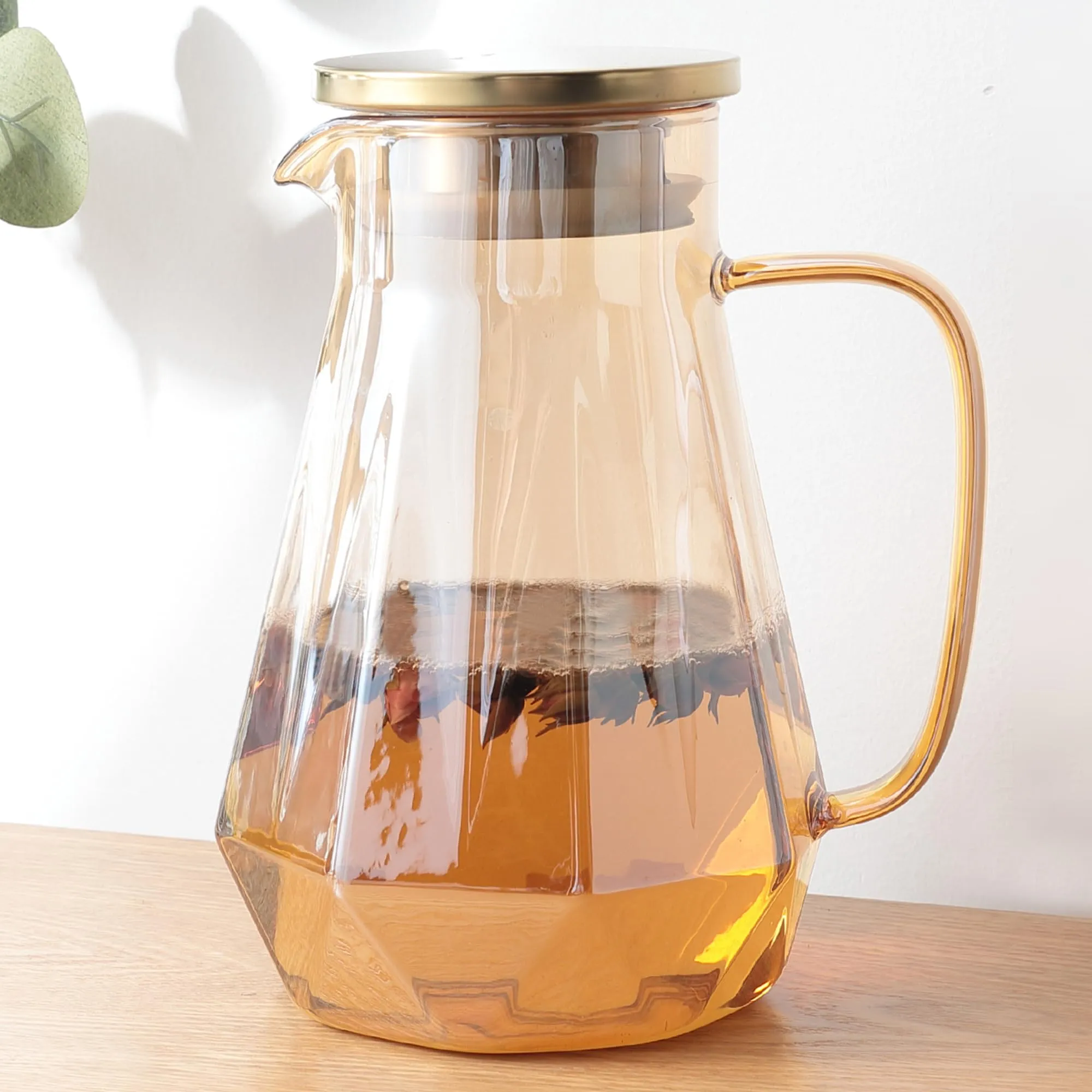 The Better Home Zest (1.5 Ltr) Glass Jug with Stainless Steel Lid and Handle | Leakproof Pitcher for Water, Cold Brew, Tea, Iced Coffee, Lemonade | Heat Resistant | Housewarming Gift | Amber