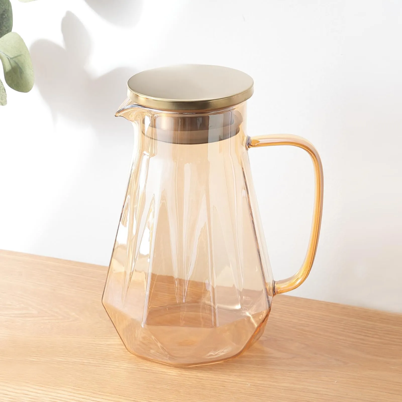 The Better Home Zest (1.5 Ltr) Glass Jug with Stainless Steel Lid and Handle | Leakproof Pitcher for Water, Cold Brew, Tea, Iced Coffee, Lemonade | Heat Resistant | Housewarming Gift | Amber