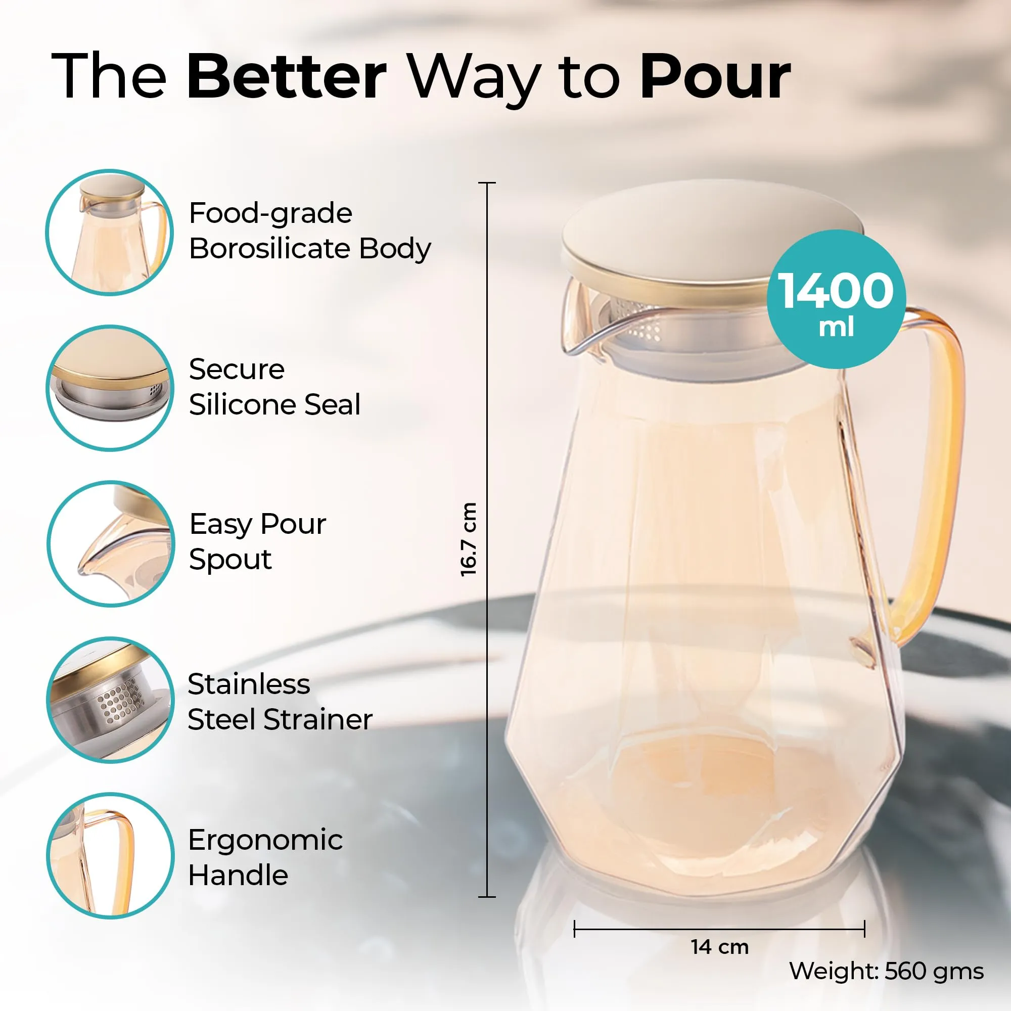 The Better Home Zest (1.5 Ltr) Glass Jug with Stainless Steel Lid and Handle | Leakproof Pitcher for Water, Cold Brew, Tea, Iced Coffee, Lemonade | Heat Resistant | Housewarming Gift | Amber