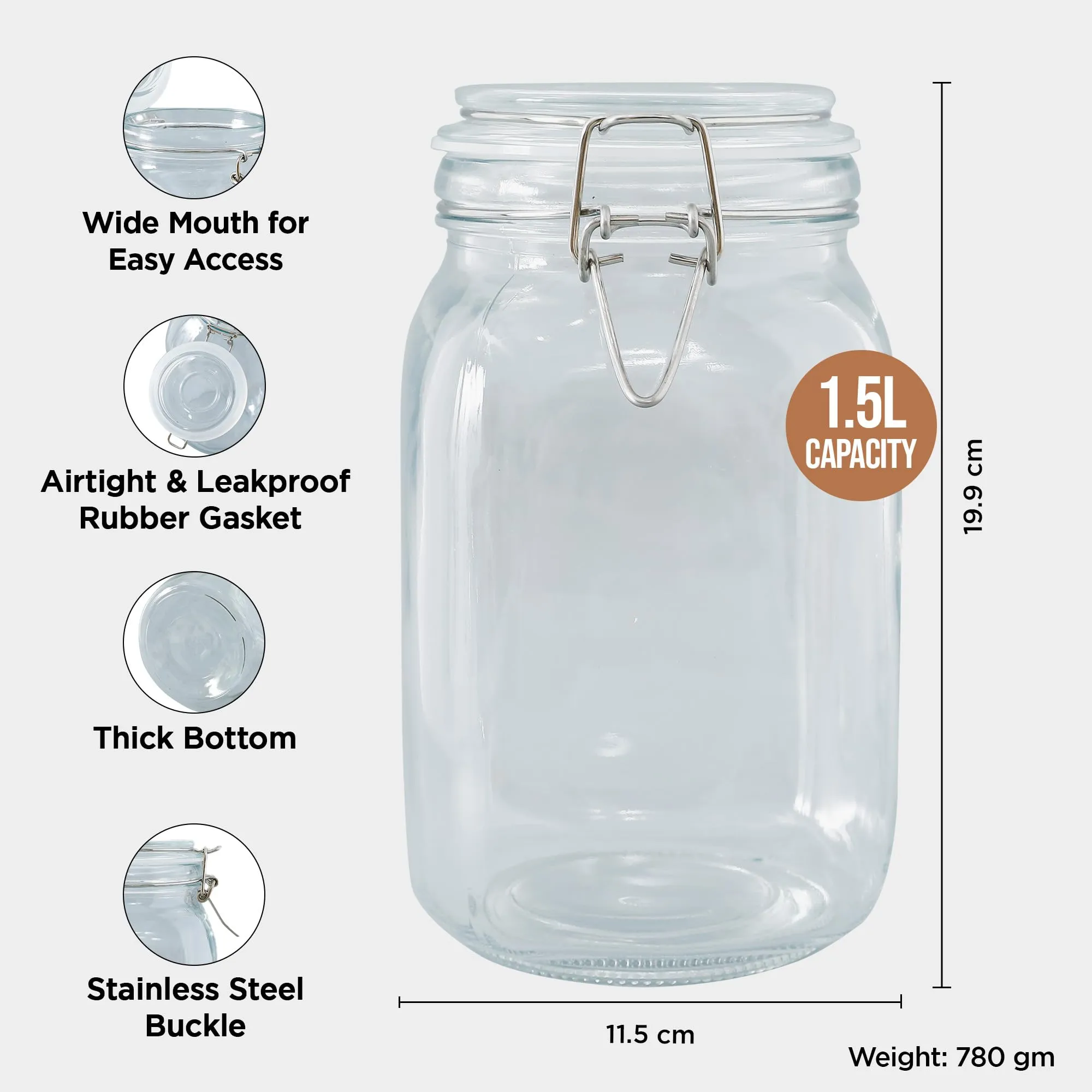 UMAI Glass Jar for Kitchen Storage | 1500ml | Mason Jar with Buckle Lid and Wide Mouth | Airtight Glass Container for Food Storage with leakproof rubber gasket | Transparent | Multipurpose |