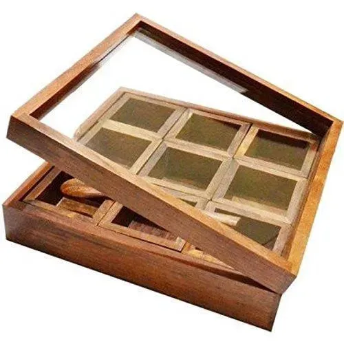 Wooden Spice Box Container - Spice Masala Box Holder