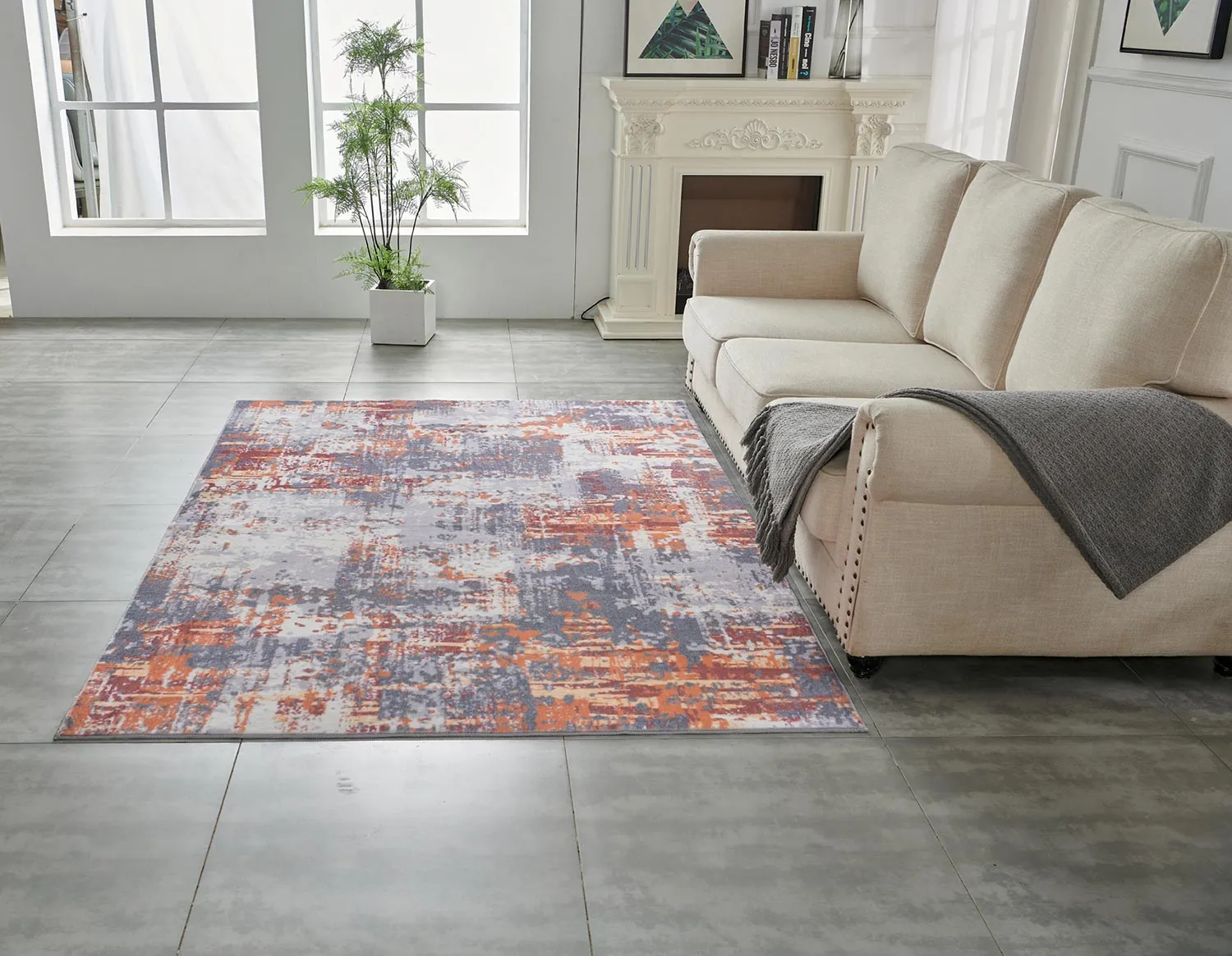 Zara Abstract Design Machine Washable Gray, Brown and Orange Area Rug