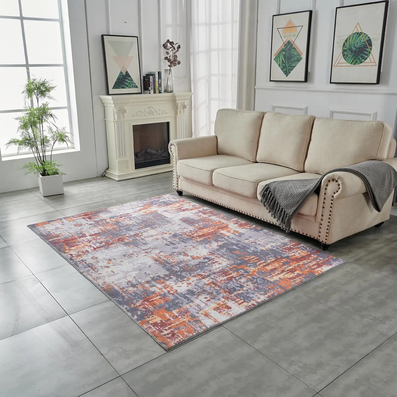 Zara Abstract Design Machine Washable Gray, Brown and Orange Area Rug