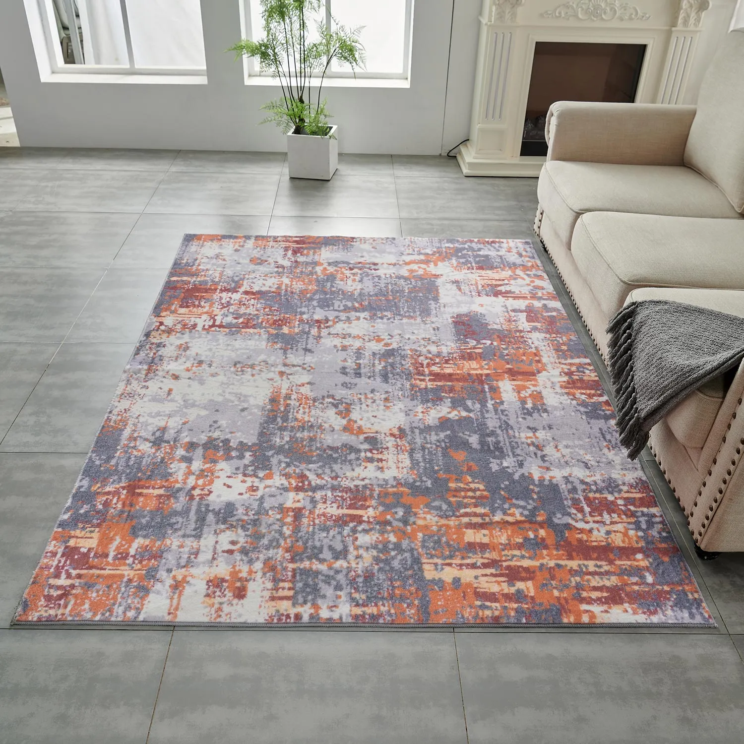 Zara Abstract Design Machine Washable Gray, Brown and Orange Area Rug
